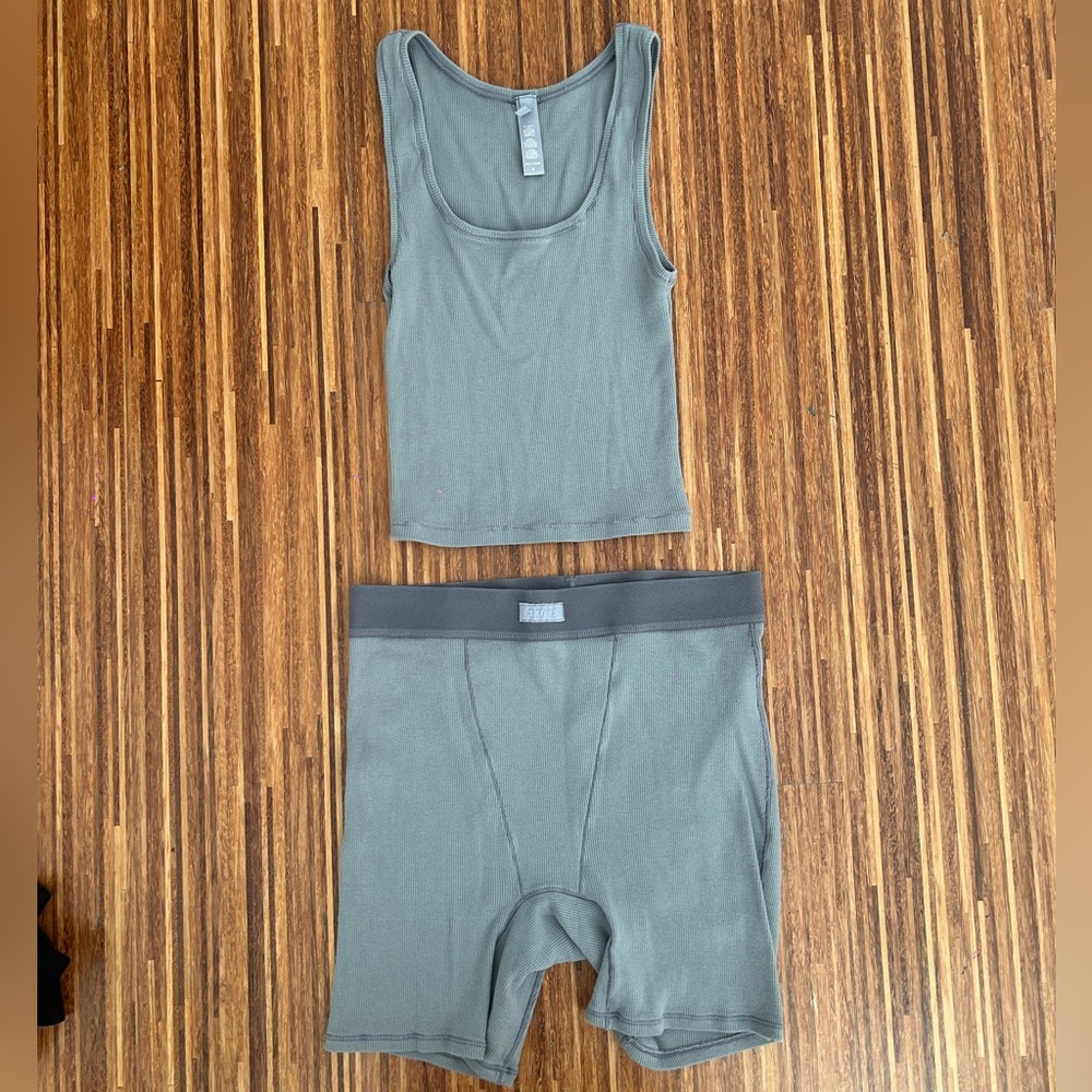 SKIMS Cotton Rib Boxer and Tank Set in Mineral